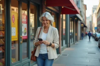 Femme urbaine vérifiant son téléphone devant un magasin