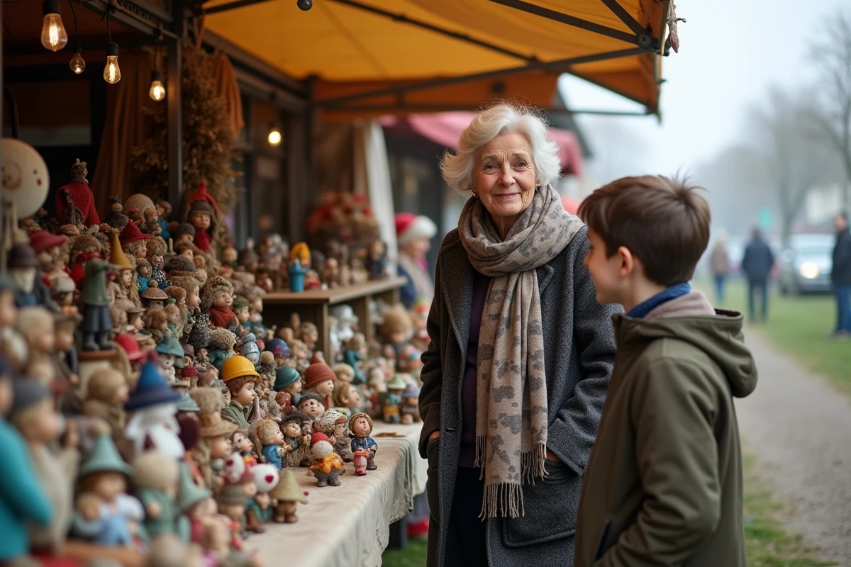 Femme âgée discutant avec un garçon devant stand de jouets vintage