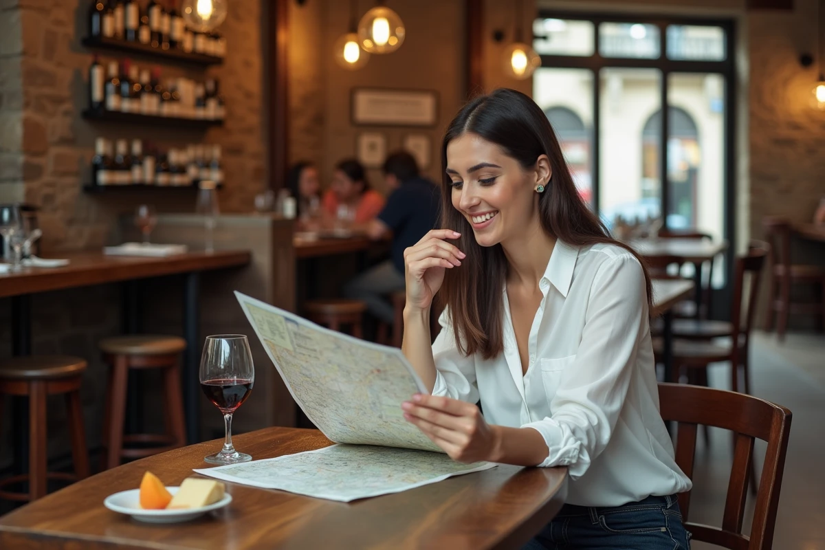Femme dégustant un vin dans un bar à Bordeaux