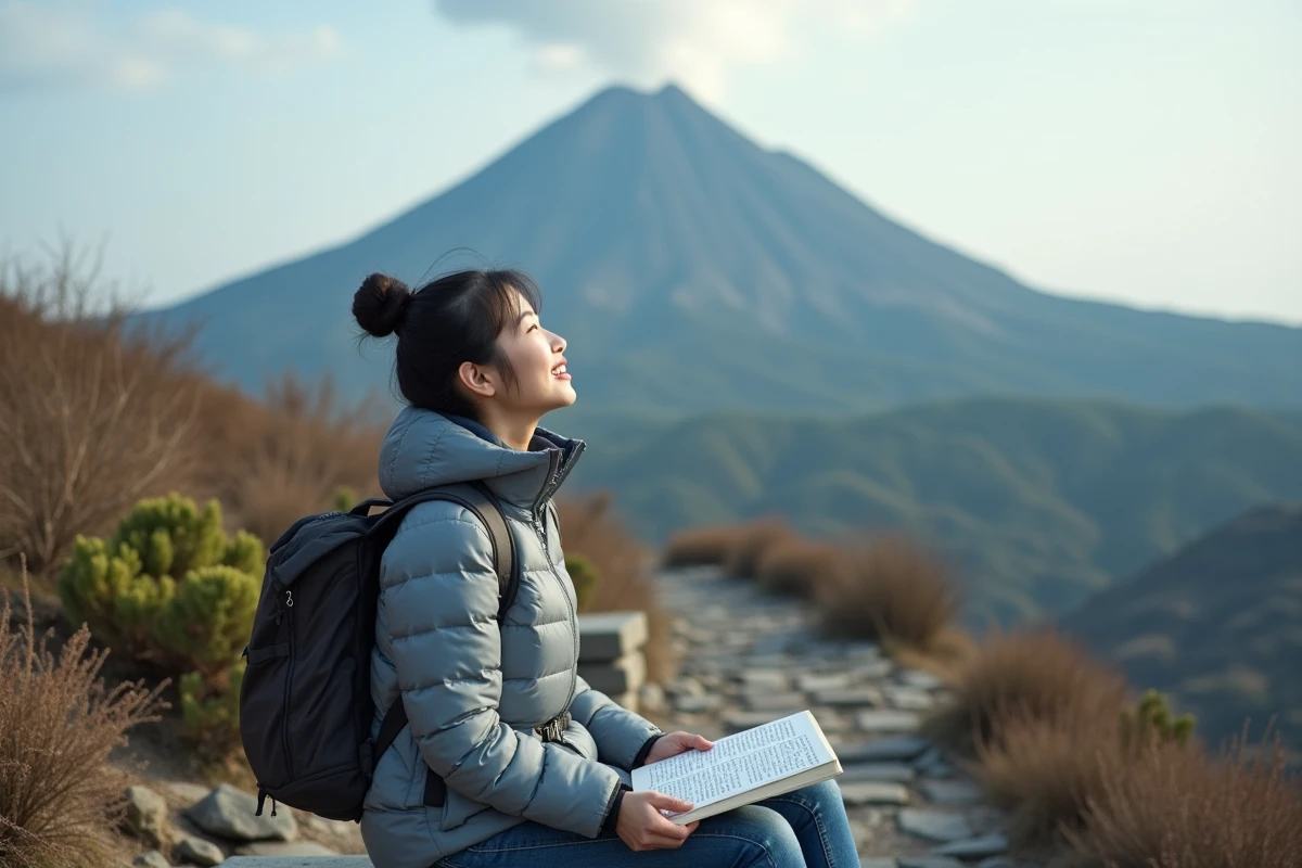Jeune femme japonaise contemplant un volcan en randonnée