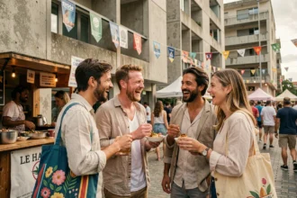 Groupe d'amis partageant un repas de rue au festival Pharenheit au Havre, avec l'architecture béton de la ville en arrière-plan