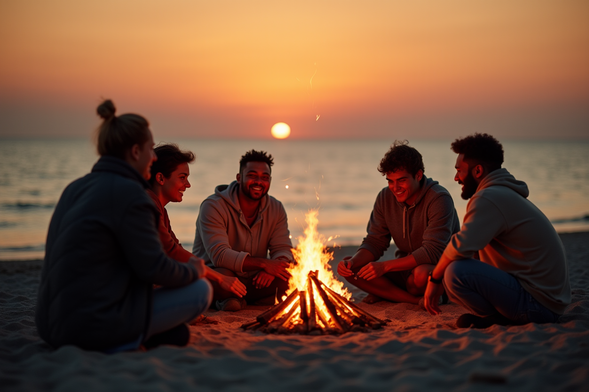 Groupe autour d’un feu de camp sur la plage au coucher du soleil