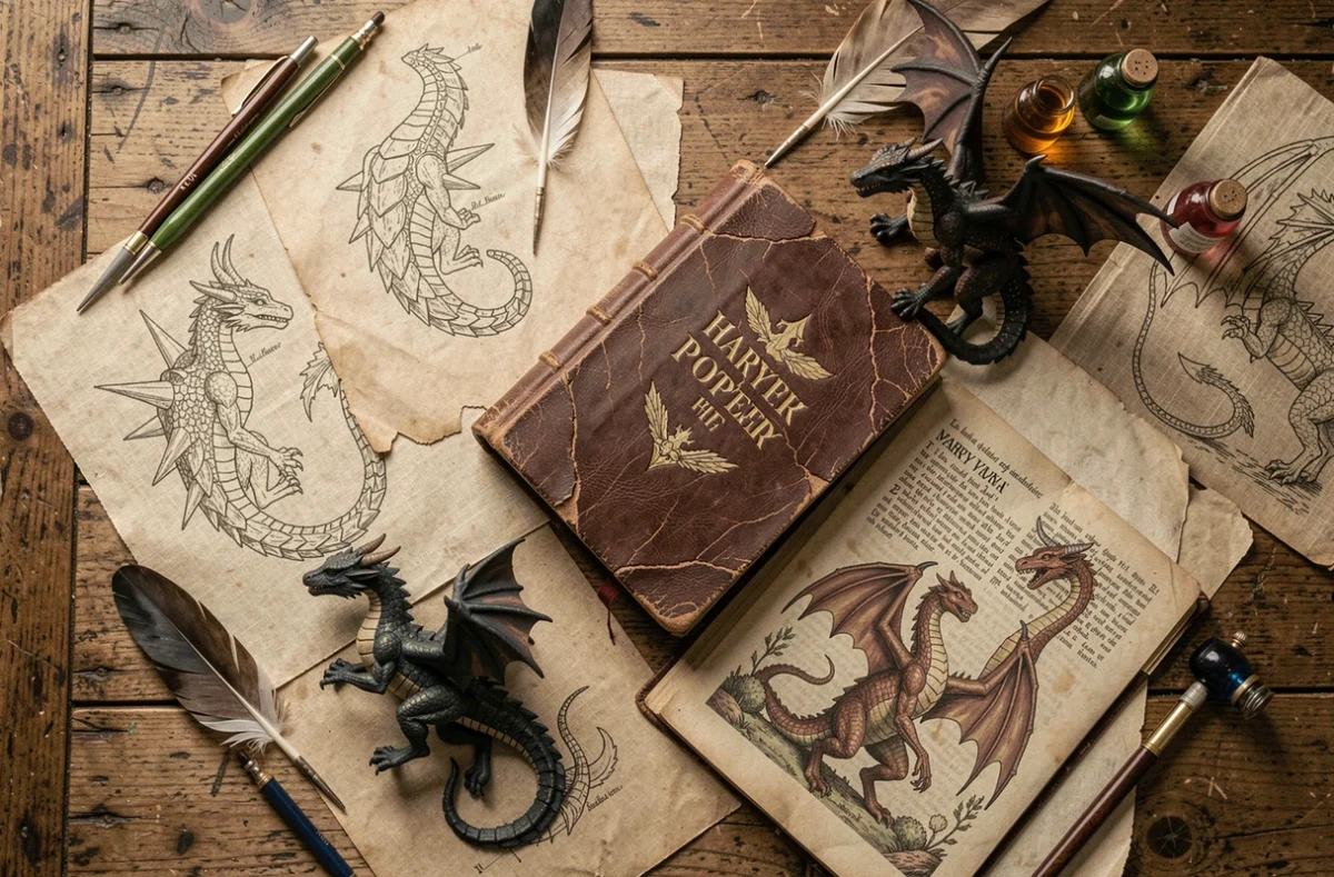 Mise à plat de figurines de dragons Harry Potter peintes à la main autour d'un bestiaire illustré et de parchemins anatomiques sur une table de bibliothèque ancienne