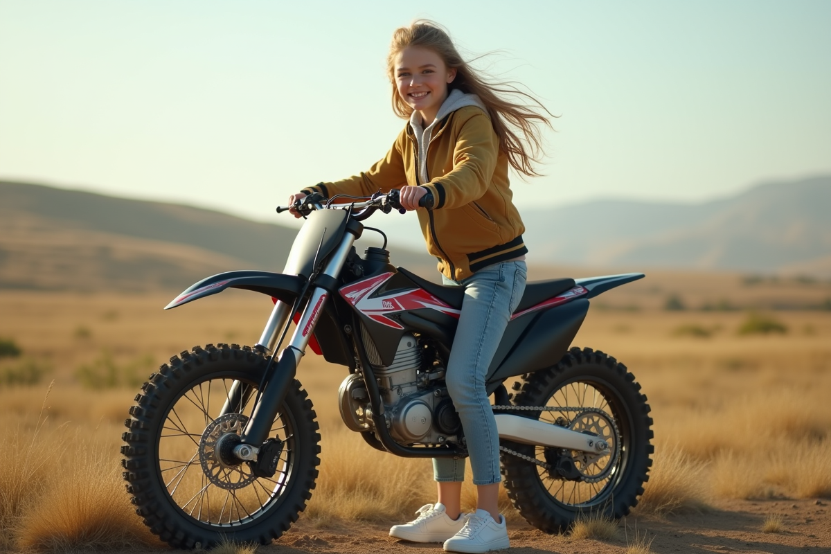 Adolescente avec dirt bike en plein air sur un plateau