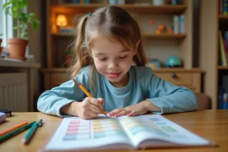 Fillette de 9 ans remplissant un planning mensuel imprimé à son bureau en bois dans sa chambre colorée