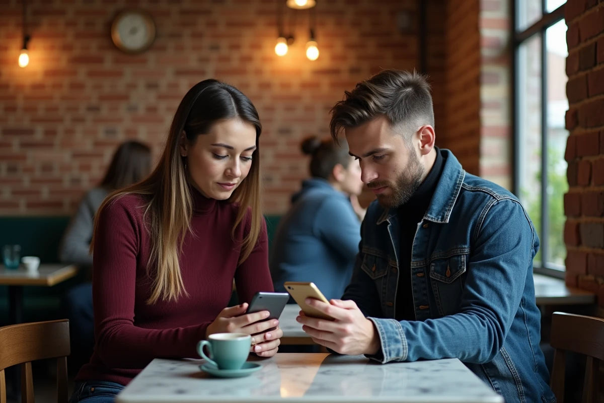 Couple dans un café regardant leurs téléphones simultanément, illustration du lien télépathique entre flammes jumelles et synchronicité de l'heure 21h21