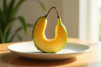 Fruit tropical en forme de U sur assiette blanche lumineuse