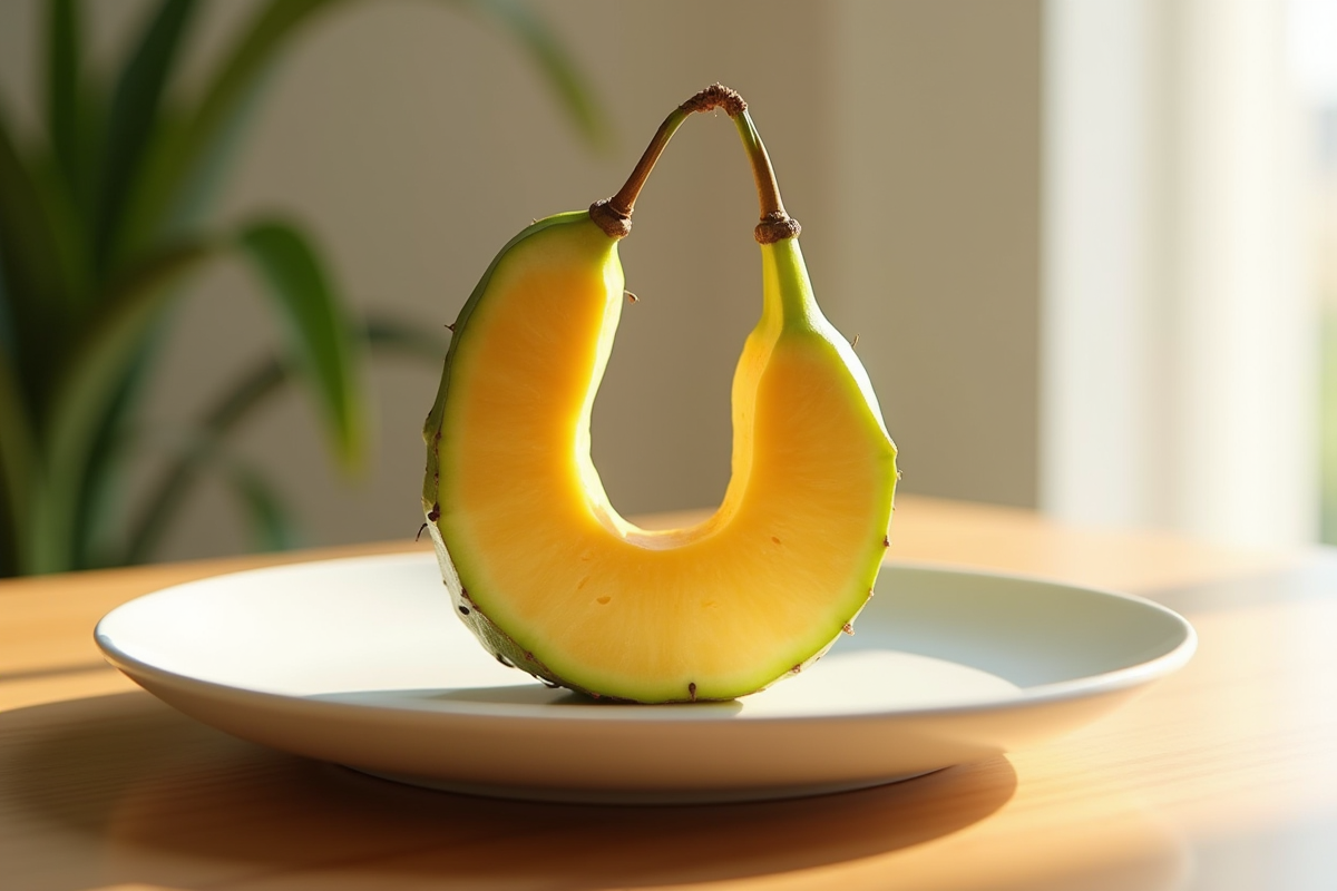 Fruit tropical en forme de U sur assiette blanche lumineuse