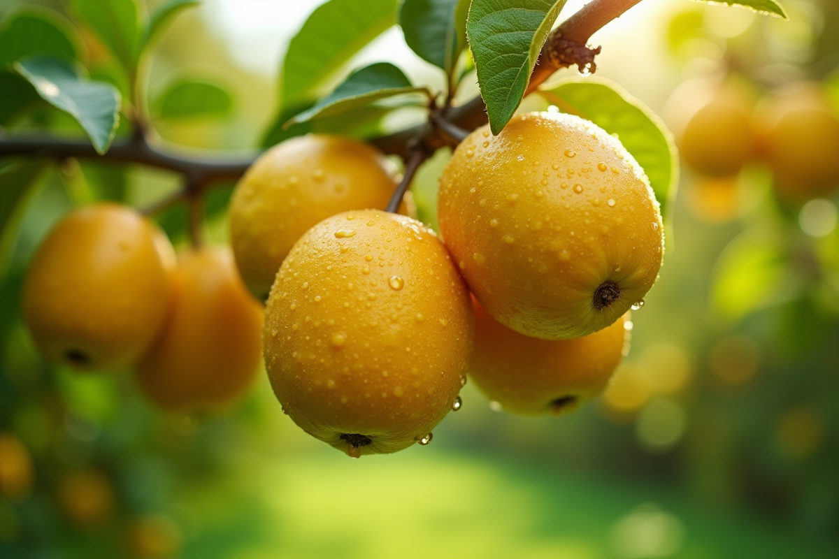 Grappe de fruits en forme de U suspendus sur branche en verdures