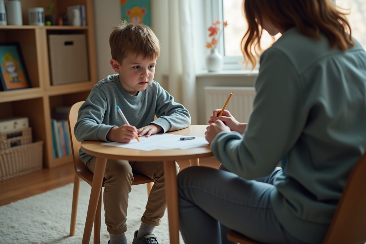 Garçon dessinant avec un thérapeute dans un bureau chaleureux