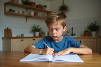 Garçon pensif en classe à la maison avec environnement cosy