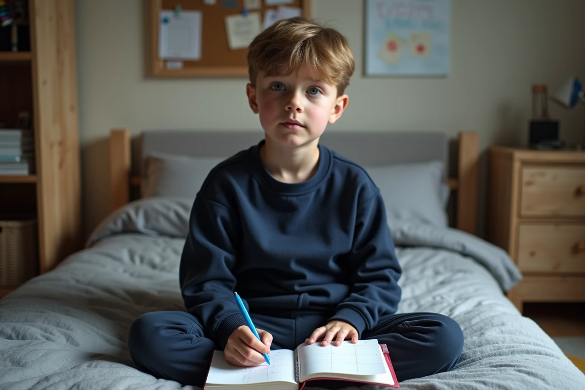 Garçon de 12 ans assis sur son lit en train de compléter son planning mensuel imprimé pour organiser ses devoirs