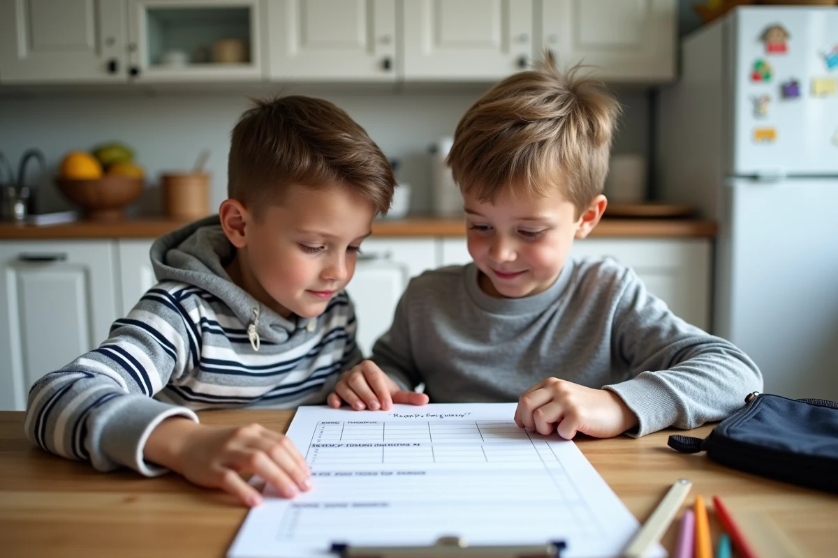 Deux jeunes garçons consultant un planning mensuel imprimé avec leurs devoirs et routines à la table de cuisine