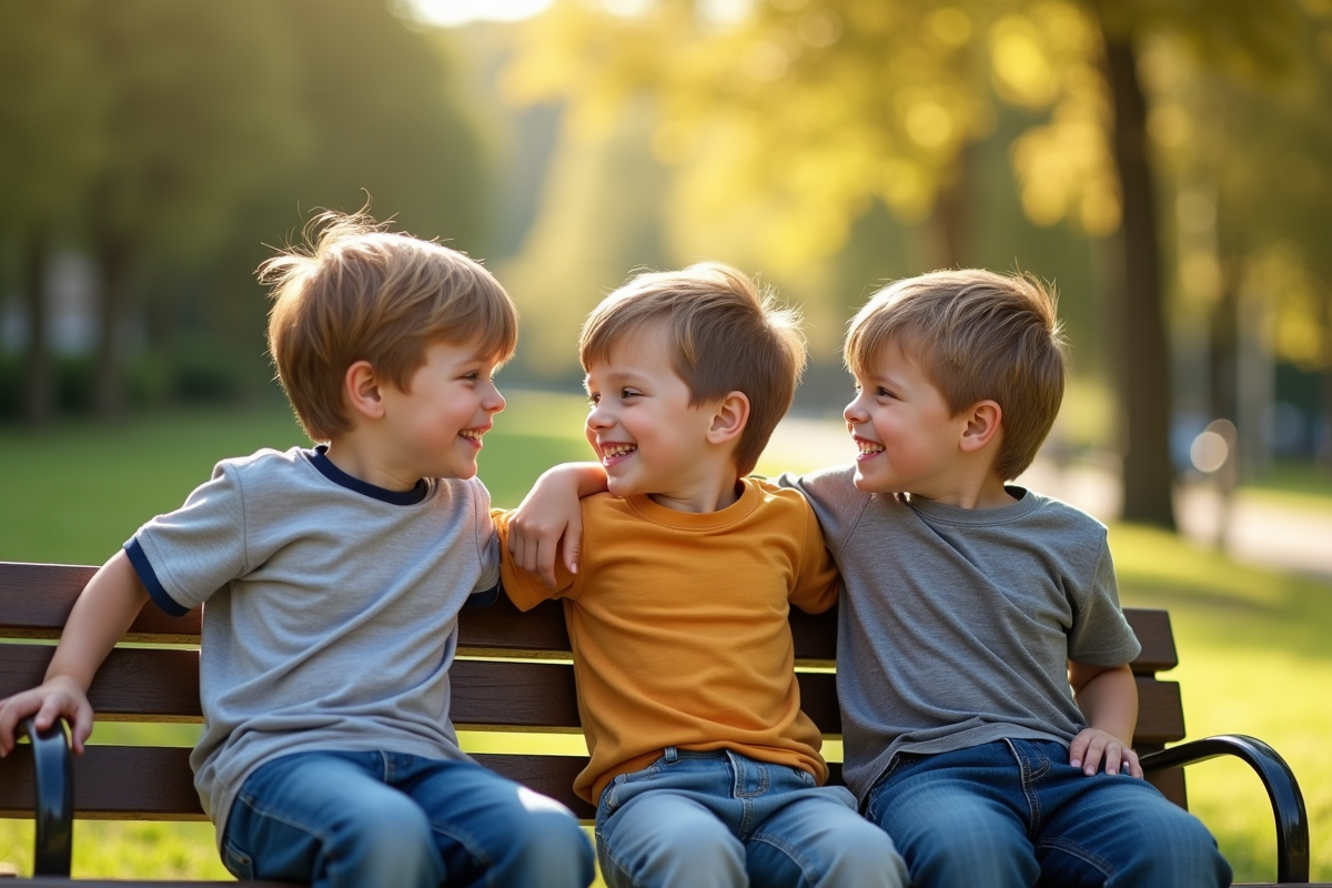 Trois jeunes garçons rieurs sur un banc en plein air