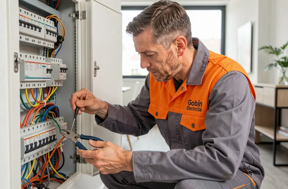 Électricien de Gobin Electricité travaillant sur un tableau électrique dans un appartement à Nancy