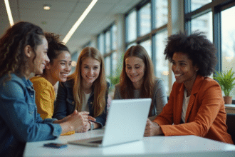 Groupe de jeunes adultes collaborant dans un bureau lumineux