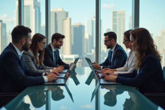 Groupe de professionnels en réunion dans un bureau moderne