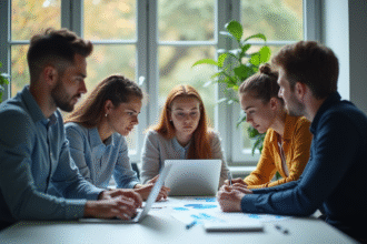 Groupe de jeunes professionnels collaborant au bureau