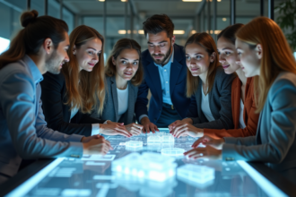 Groupe de jeunes professionnels autour d'un hologramme dans un bureau moderne