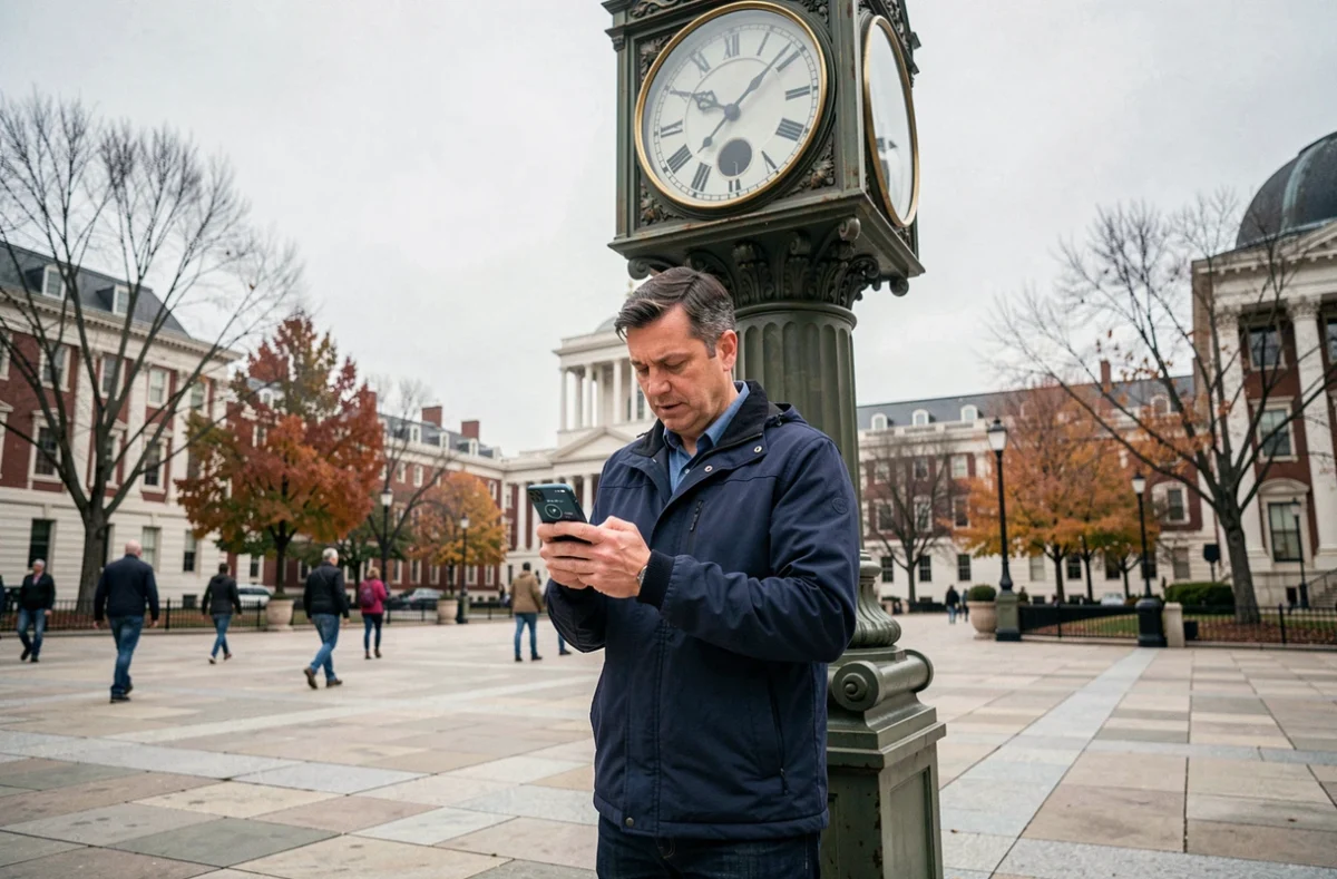 Homme consultant l'heure locale sur son smartphone près d'une horloge publique en plein air à Washington D.C. en automne