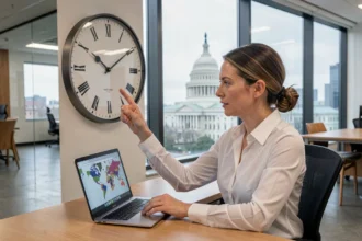 Femme professionnelle lisant l'heure sur une horloge murale dans un bureau à Washington D.C. avec vue sur le Capitole