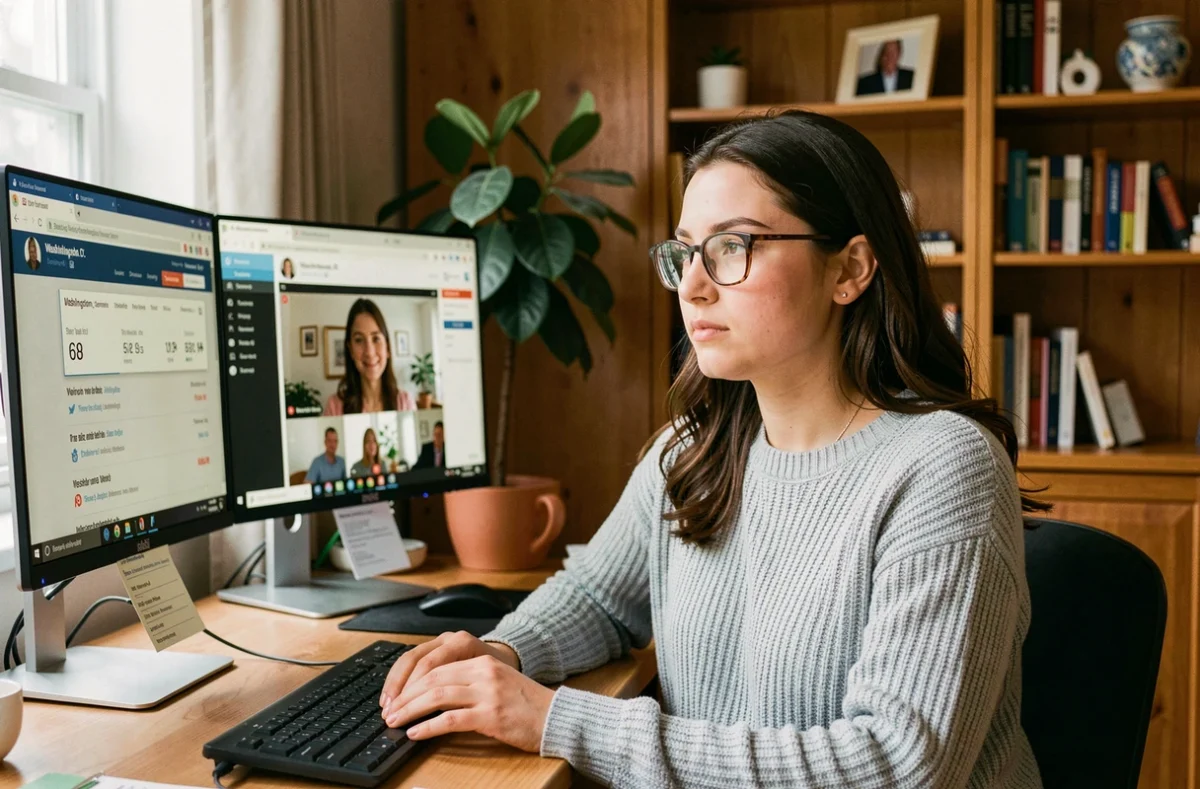 Jeune femme travaillant depuis chez elle devant deux écrans affichant le fuseau horaire et l'heure à Washington D.C.
