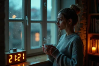 Femme contemplative devant une fenêtre nocturne avec horloge affichant 21h21, symbolisant l'heure miroir et la flamme jumelle