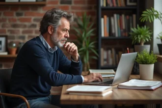 Homme d'âge moyen travaillant dans un appartement moderne