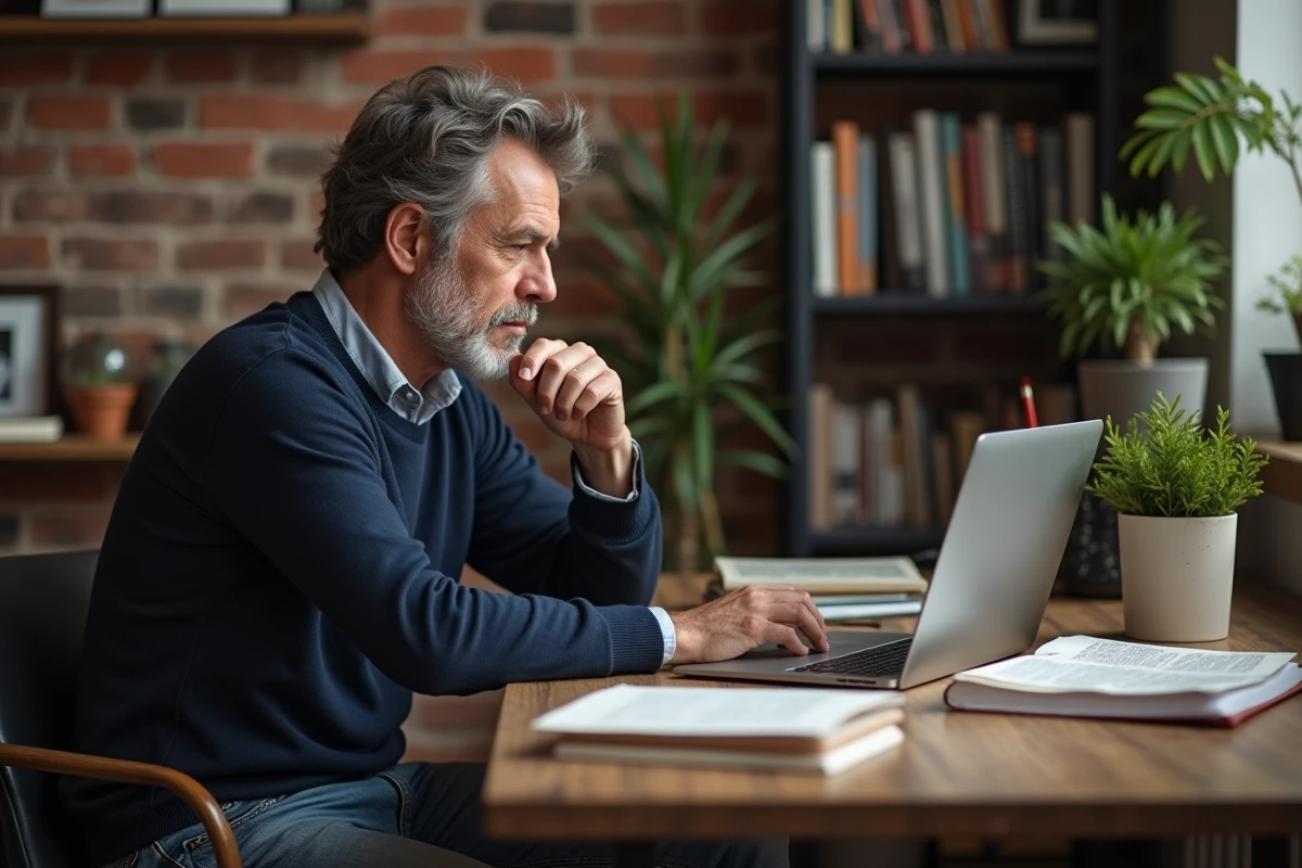 Homme d'âge moyen travaillant dans un appartement moderne