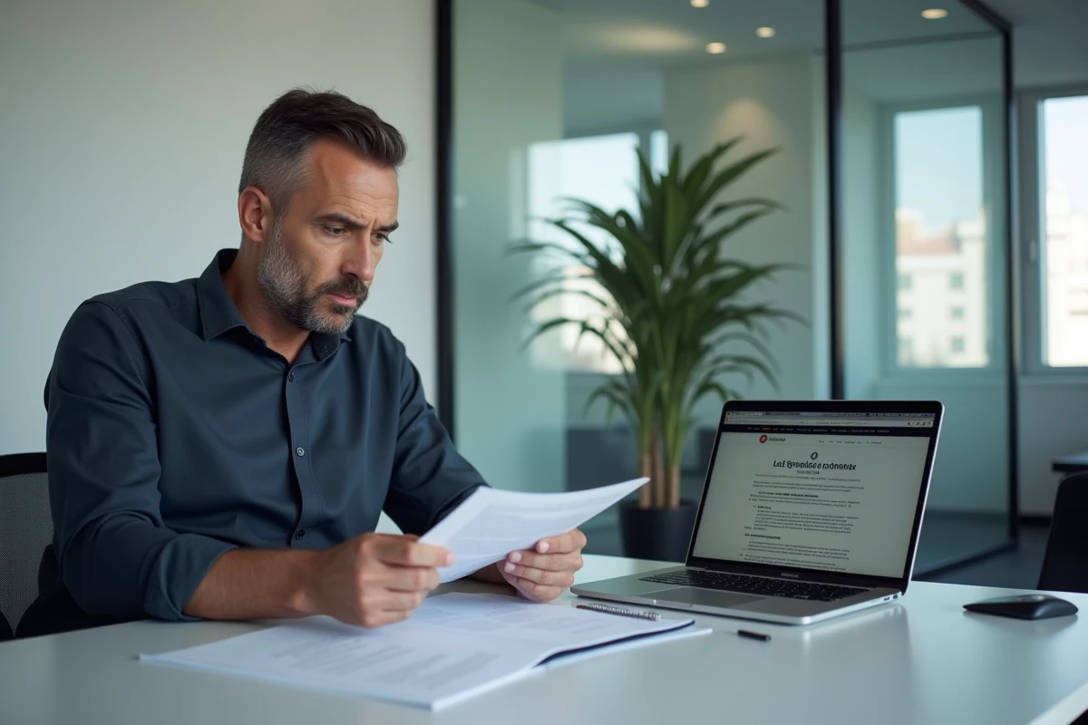 Homme d'affaires consultant des documents juridiques et un ordinateur portable dans un bureau professionnel, symbolisant l'analyse de la légalité des plateformes de téléchargement de livres numériques en France