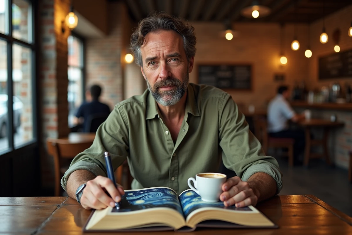 Homme lisant un livre d'art sur Van Gogh dans un café, symbolisant les tableaux célèbres souvent cités mais peu connus