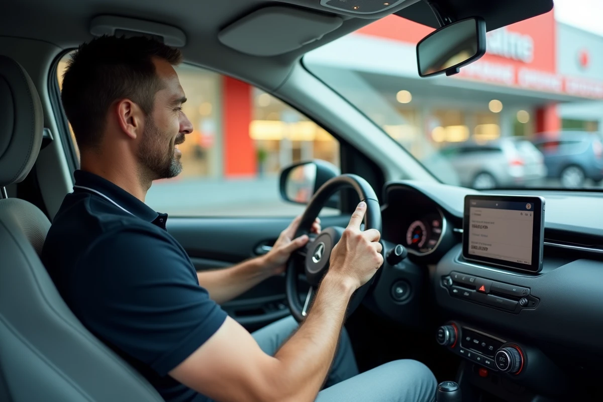 Homme entrant un code promotionnel Carrefour Drive sur une tablette depuis son véhicule en zone de retrait