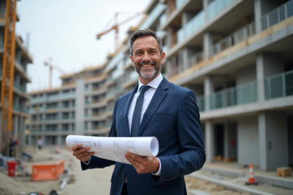 Homme confiant en costume sur un chantier immobilier en France