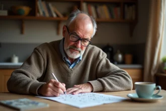 Homme français âgé résolvant un crossword à la maison