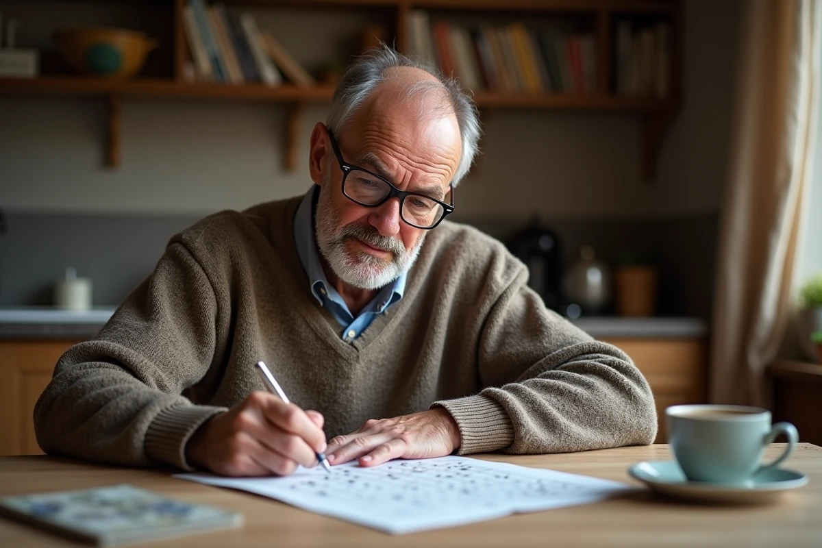 Homme français âgé résolvant un crossword à la maison