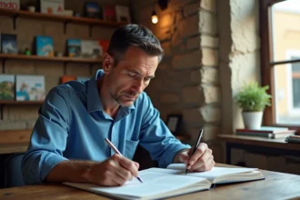 Homme d'âge moyen écrivant dans un livre de mots croisés