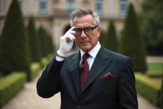 Homme d'âge moyen en costume élégant ajustant ses lunettes