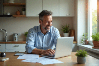 Homme d'âge moyen souriant en cuisine avec documents financiers