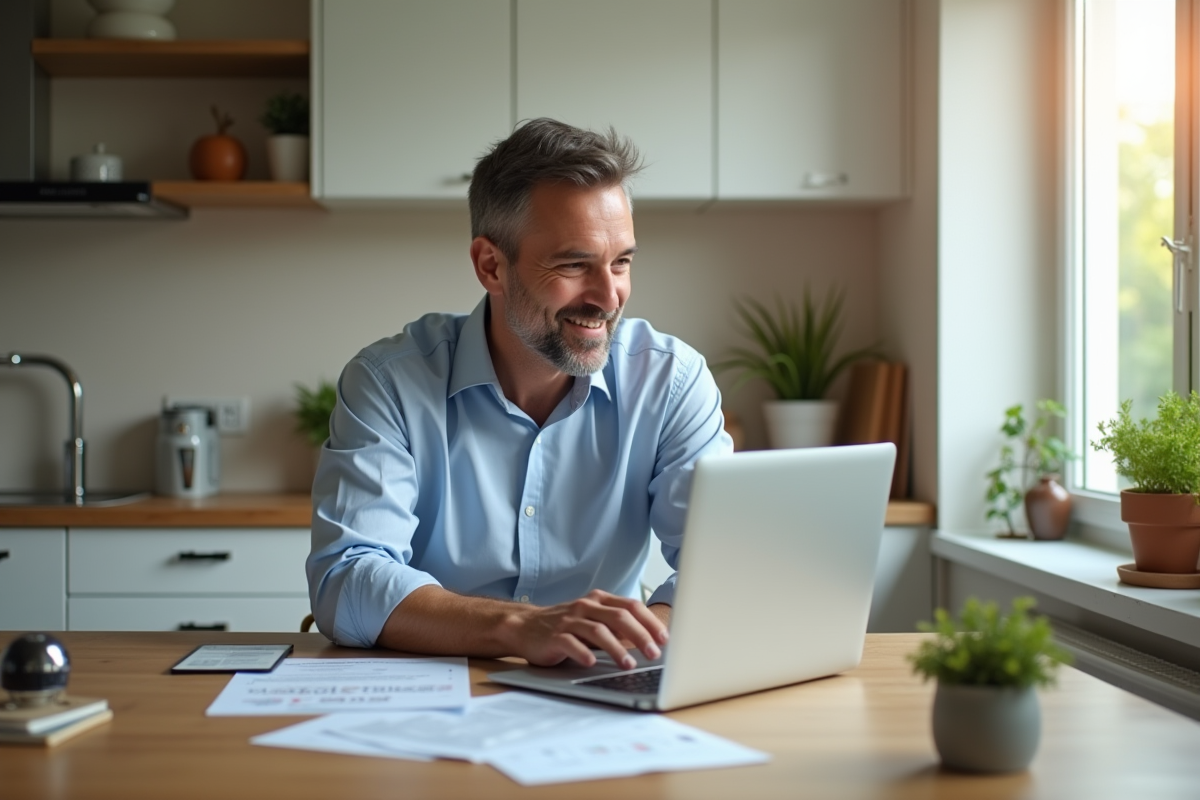 Homme d'âge moyen souriant en cuisine avec documents financiers
