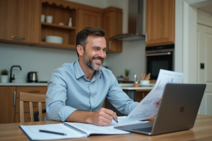 Homme d'âge moyen souriant examine documents financiers dans une cuisine