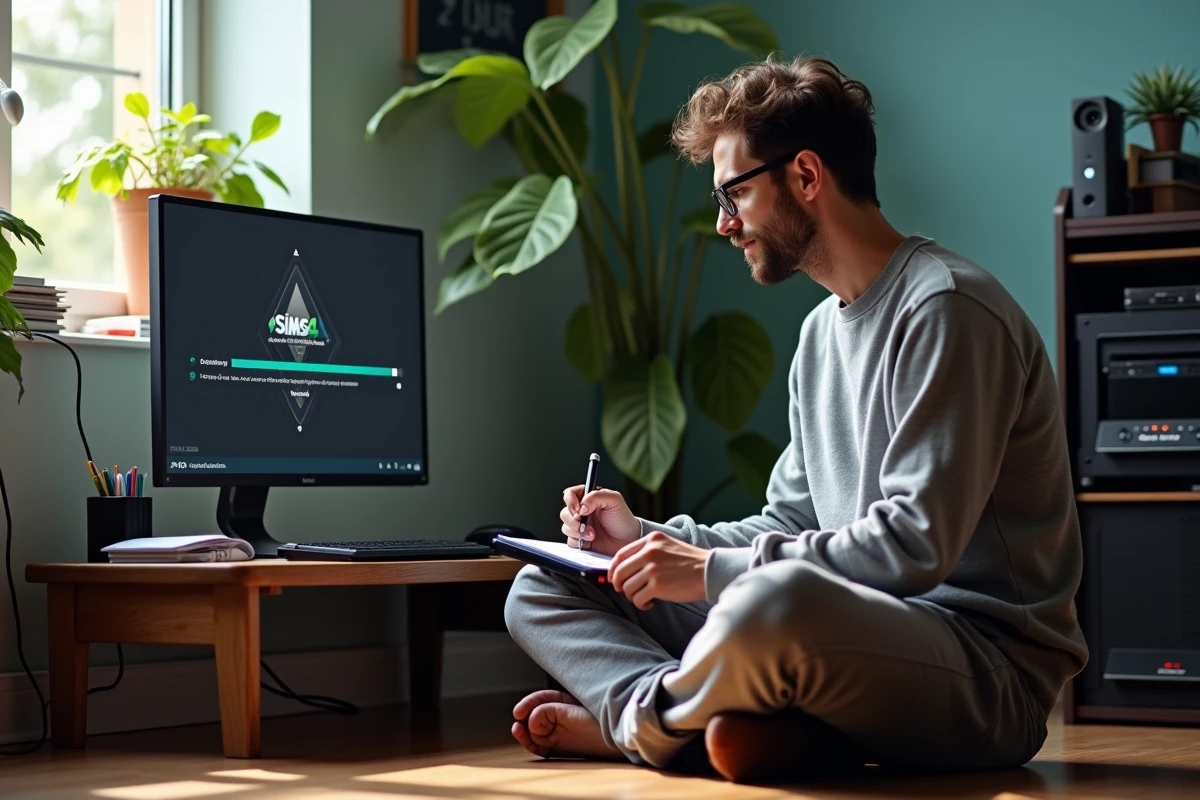 Homme jouant à un jeu sur son PC avec message d