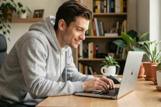 Jeune homme jouant à des jeux en ligne sur un ordinateur portable dans un bureau à domicile confortable