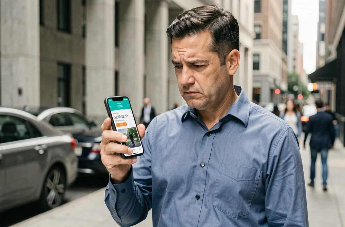 Homme d'affaires consultant un numéro de téléphone inconnu sur son mobile en pleine rue, thème de la recherche de numéro portable et protection contre les spams