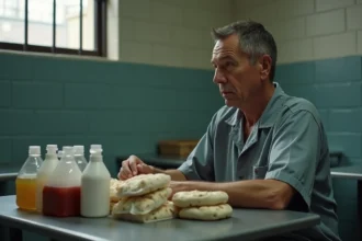 Homme en prison examinant des produits dans la cellule