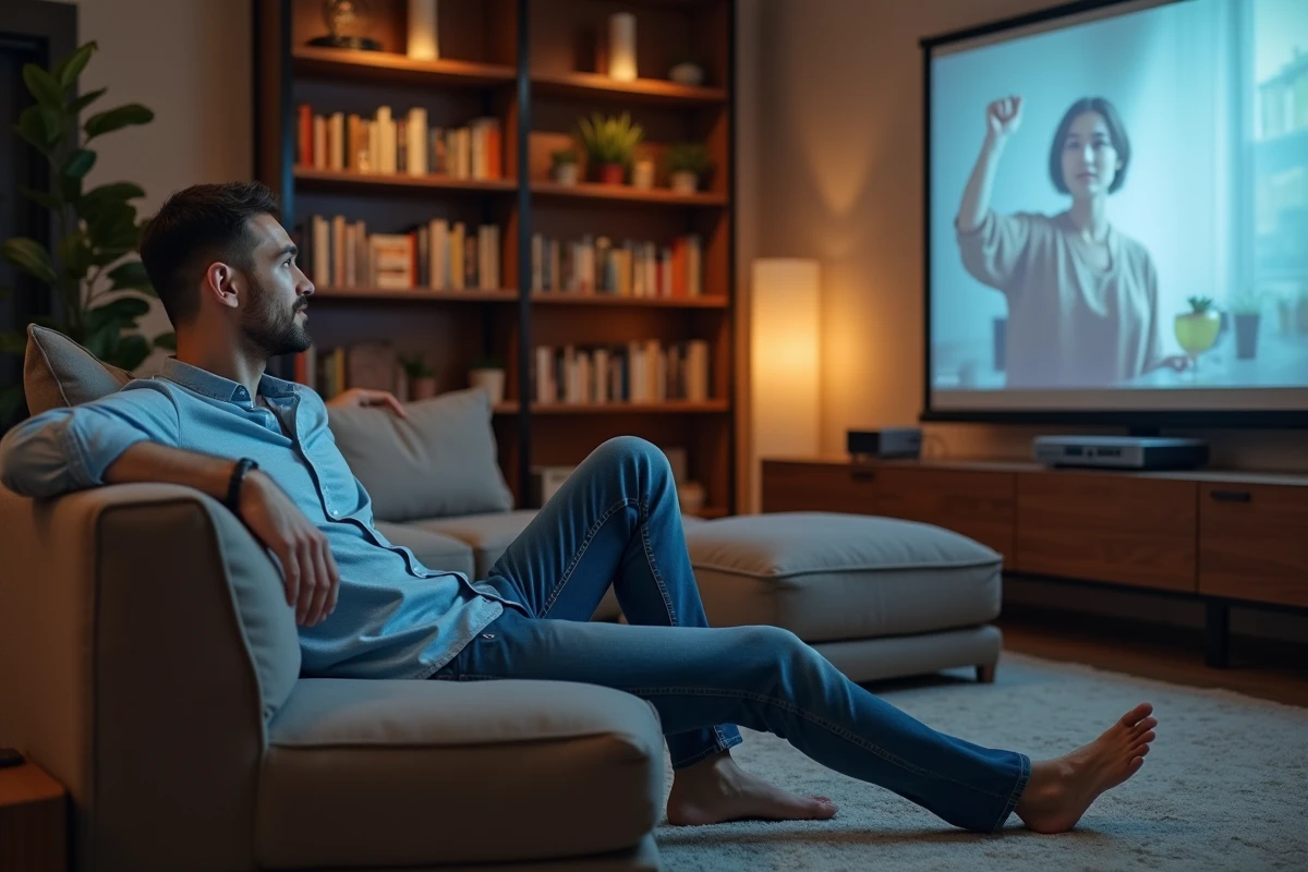 Homme ajustant un projecteur 4K dans un salon moderne