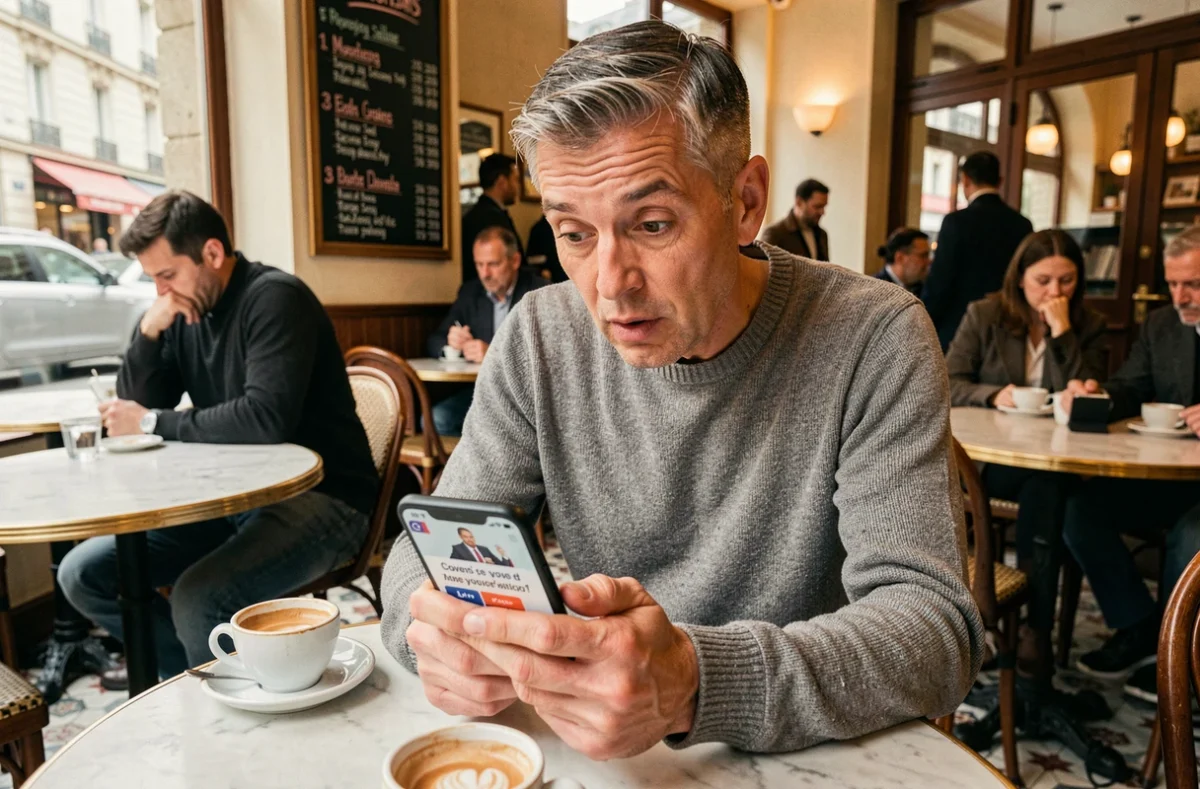 Homme consultant un quiz sur les familles politiques républicaines sur son smartphone dans un café parisien