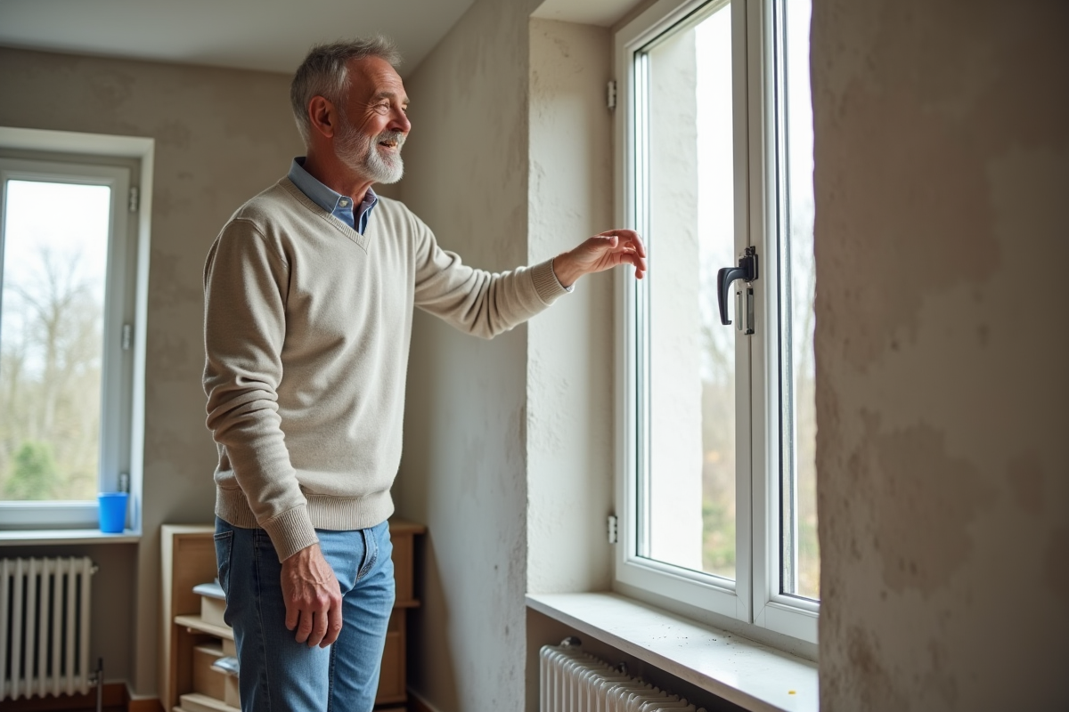 Homme souriant examine une fenetre neuve dans son salon