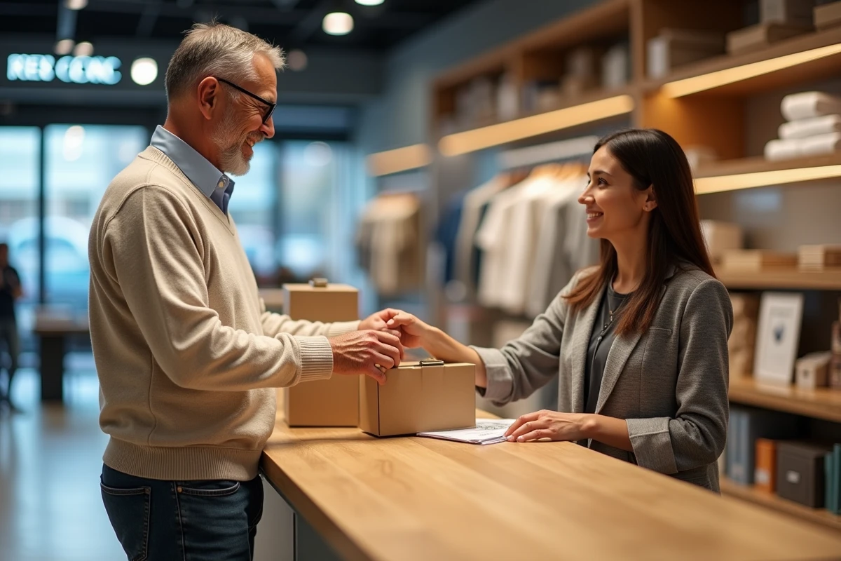 Homme remettant un colis de retour au magasin