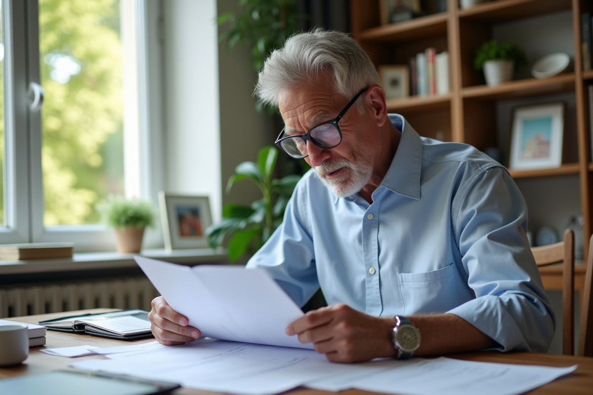 Homme mature lisant des papiers de retraite dans son bureau