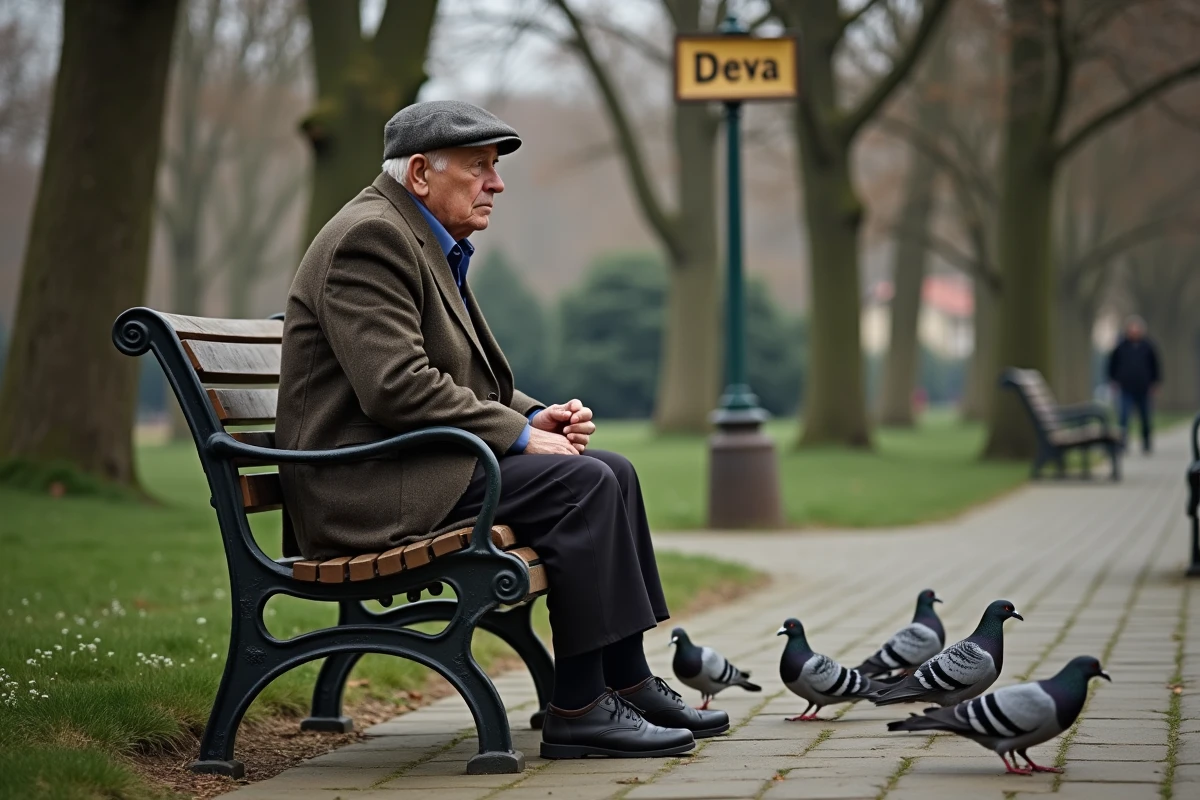 Homme roumain âgé assis sur un banc dans un parc à Deva